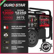 Image of DuroStar DS13000MX 13,000 Watt Dual Fuel Portable Generator w/ CO Alert Generator DuroMax 