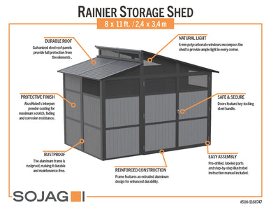 Sojag Rainier 8 x 11 ft. Aluminum Frame Storage Shed Shed SOJAG 